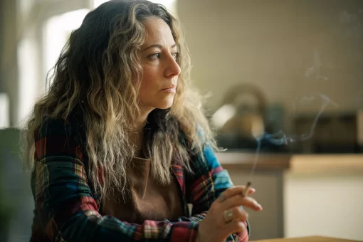 Film still from an Irish short film of a mother in deep shock and trauma about to smoke her first cigarette in years.