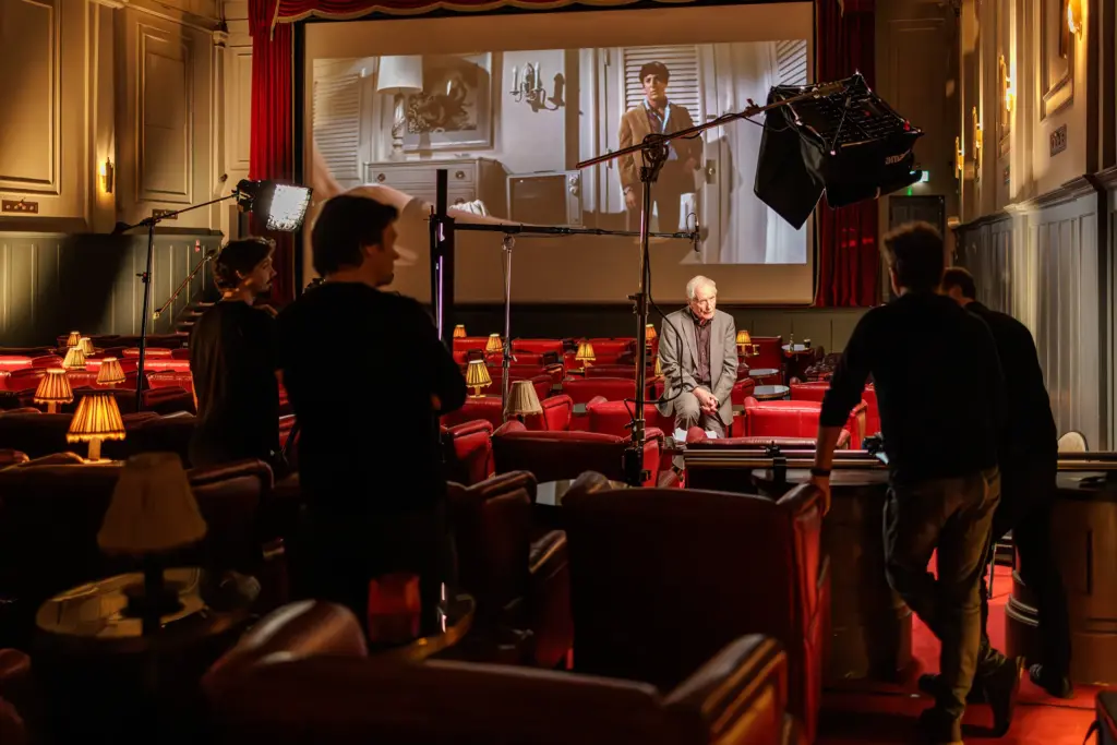 BTS Photograph of John Kelleher and crew during the production and filming of "In the Opinion of the Censor" mid interview in the Stella cinema Rathmines, Dublin, Ireland.