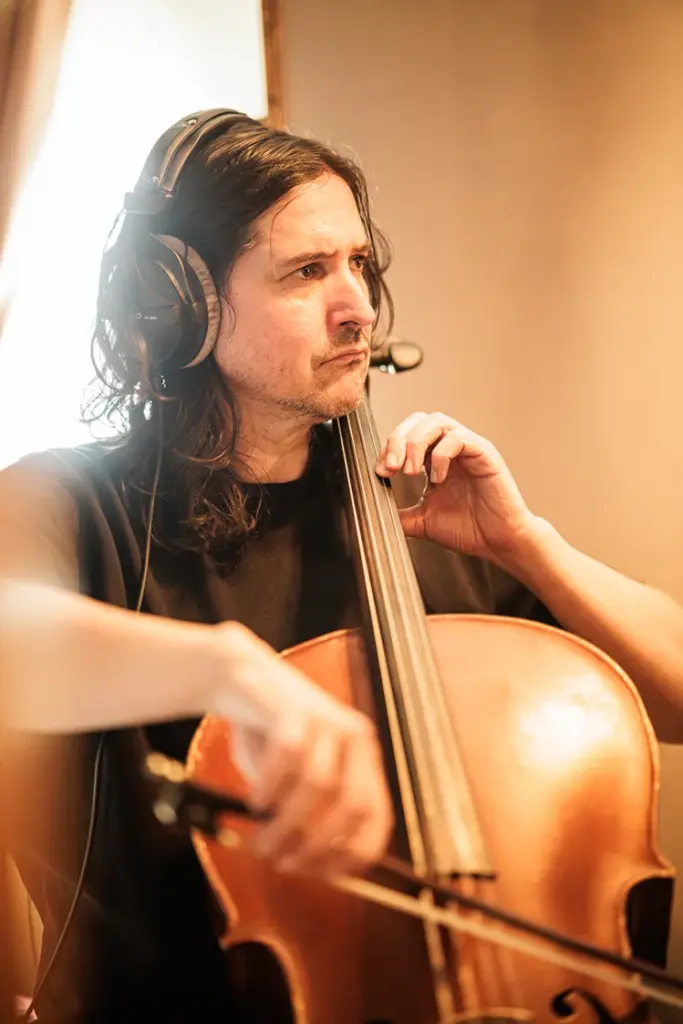 BTS of Cellist Aongus MacAmlaigh recording in Graham Tully's sound studio for stop motion short "Kova's Courage"